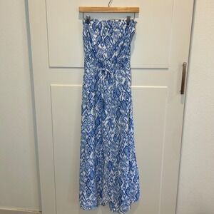 Jessica Simpson Strapless Maxi Dress Medium Blue White Ikat Smocked Waist Boho